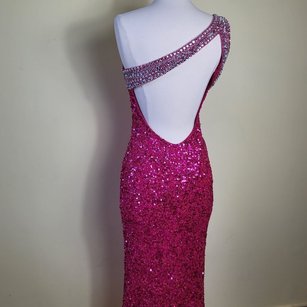 Scala Vintage Hot Pink 100% Silk Crystal Sequin Open Back Women's Gown | Size 4 - Picture 6 of 13